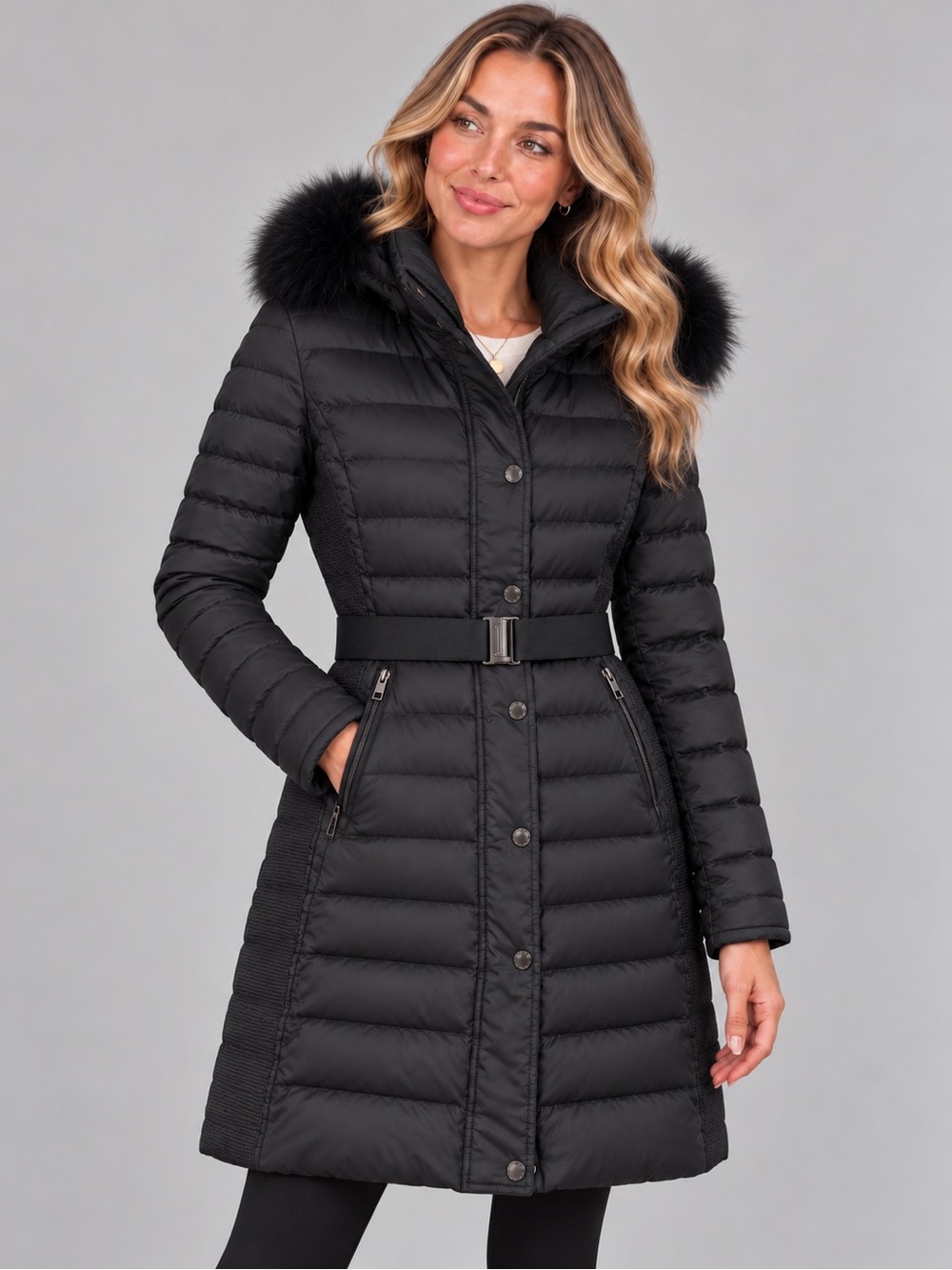 Burberry London Abbeydale Black Down Puffer Coat Fox Fur Hood Belted Size 8